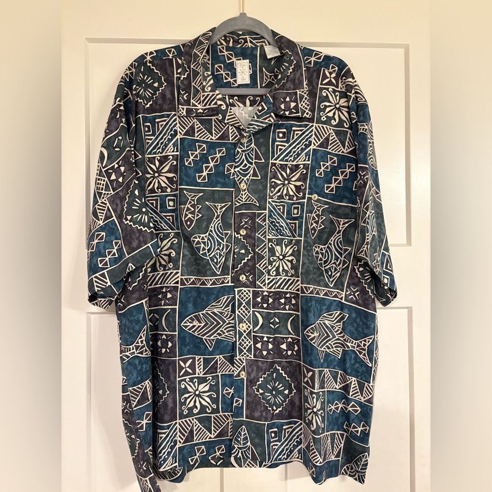 Men's XL 100% Silk Burma Bibas Blue Patterned Shirt